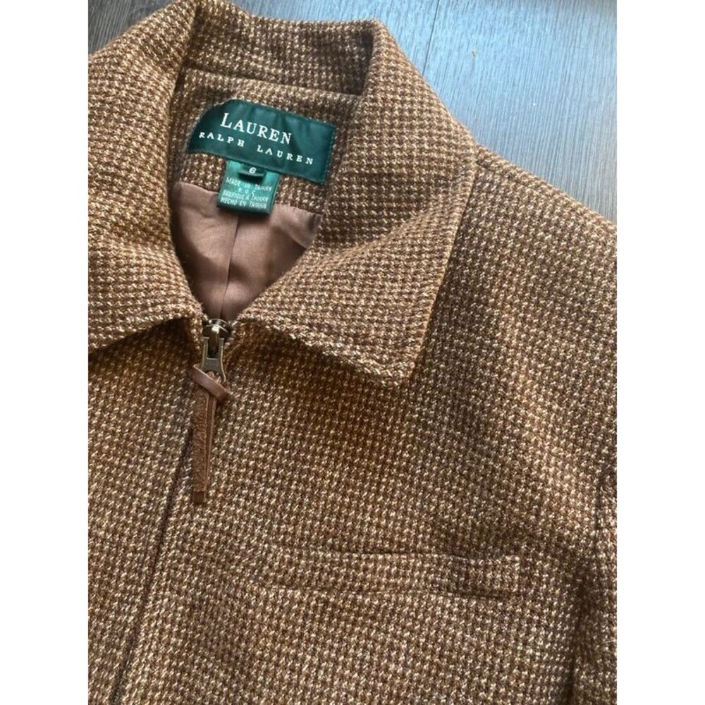 Lauren Ralph Lauren Herringbone Houndstooth Full Zip Jacket Small 6 Brown Fall